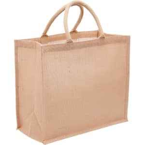 A beige eco jute tote bag with a wide gusset and twin handles. It features additional branding.
