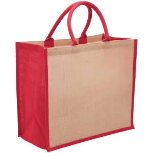 A jute tote bag with a wide gusset, featuring red handles and trim, and a natural-coloured body.
