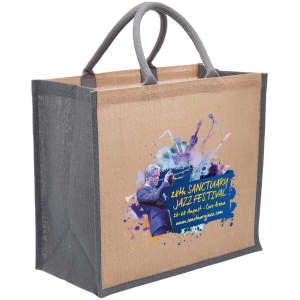 A jute tote bag in natural and grey, featuring a logo and vibrant artistic design on the side.