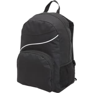 A black backpack with a zippered main compartment, front pocket, and side mesh pocket, featuring a subtle white design.