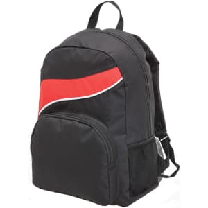 A black backpack with a red accent and a mesh side pocket, featuring a logo on the front.
