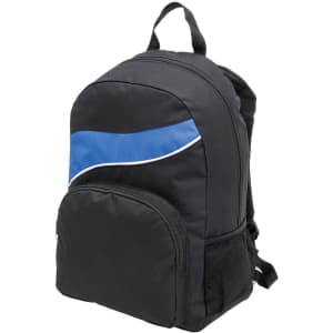 A black backpack with a blue design and a side mesh pocket, featuring a logo on the front.