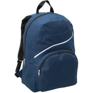 A navy blue Twist Backpack with a front zip pocket and a curved white stripe, featuring a logo on the side.