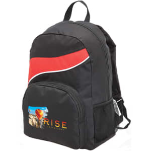 A black backpack with red accents and a side mesh pocket. It features a logo on the front.