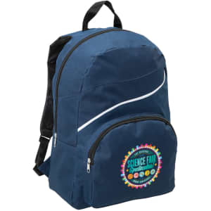 A navy blue backpack with a front zip pocket, featuring a logo. The backpack has adjustable straps and a curved design.