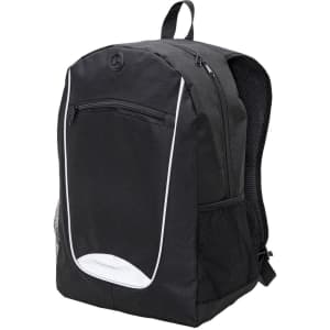 A black backpack featuring a mesh side pocket and a logo. It has a front zip pocket and padded back for comfort.