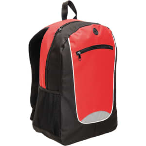 A red and black backpack with a zippered front pocket and a side mesh pocket, featuring a logo.