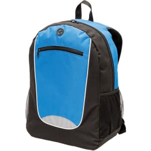 A blue and black backpack featuring a front pocket and mesh side pockets, with a logo on the front.