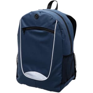 A navy blue backpack with a front zip pocket, mesh side pockets, and a logo on the front.