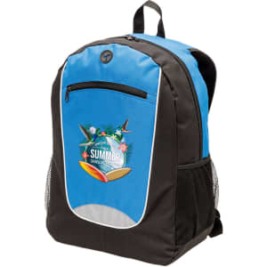 A blue and black backpack featuring a logo and mesh side pockets.