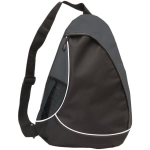 A black and grey sling bag with a mesh pocket and a single shoulder strap. It features a logo.