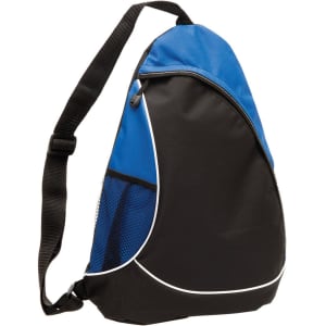 A blue and black sling bag with a adjustable strap and a mesh side pocket. It has a logo.