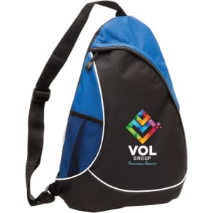 A black and blue sling bag with a mesh pocket and a logo. Featured with a single adjustable strap.