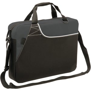 A black and grey laptop bag with a shoulder strap, featuring a logo on the front.