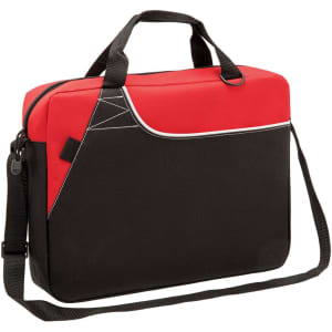 A black and red laptop bag with handles and an adjustable shoulder strap, featuring a logo.