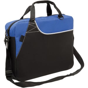 A laptop bag in blue and black, featuring a shoulder strap and handles, with a logo on the front.
