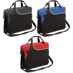 Three laptop bags in black with accents in grey, blue, and red, each featuring a shoulder strap and handle.