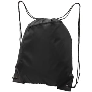 A black drawstring bag with a zippered pocket and adjustable straps, featuring a logo on the front.