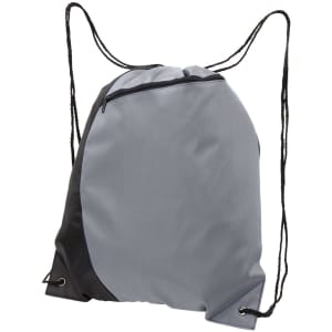 A drawstring bag in grey and black featuring a zip pocket and two cord straps. Includes a logo.