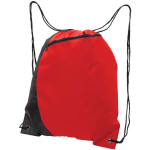 A red and black drawstring bag featuring a zippered pocket and black cord straps. It has a logo on the front.