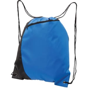 A blue and black drawstring bag with a zippered pocket and twin cords for easy carrying. It features a logo.