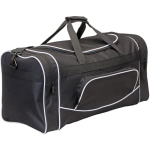 A black duffle bag with white piping, featuring a zippered pocket and dual handles. It also has a logo.