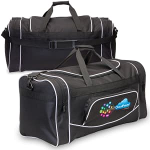 A black duffle bag with white piping and a logo on the side. Features dual handles and a detachable shoulder strap.