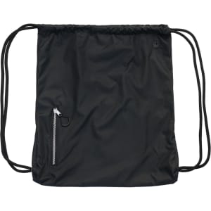 A black drawstring bag featuring a zippered pocket and a logo. Ideal for carrying small items.