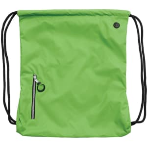 A green drawstring bag with a side zip pocket and black drawstrings, featuring a small logo.