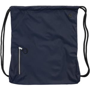 A navy drawstring bag featuring a zip pocket and a logo. The bag has two black cords for carrying.