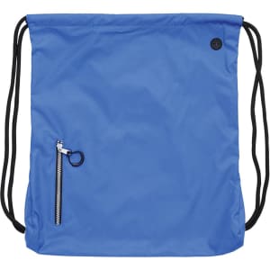 A blue drawstring bag featuring a zippered pocket and black straps, complete with a logo.