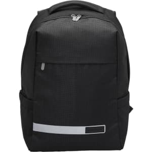 A black laptop backpack with a textured finish, front pocket, and a reflective stripe. Features a branding logo.