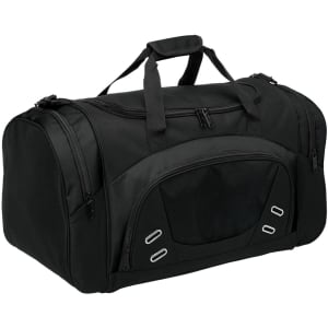 A black duffle bag with multiple zippered compartments and a logo. Features sturdy handles for carrying.