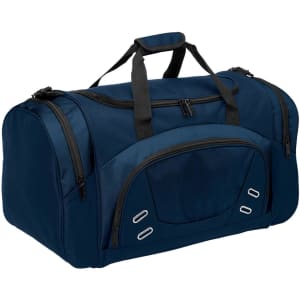 A navy duffle bag with multiple zippered compartments and a front pocket. It has black handles and a logo.