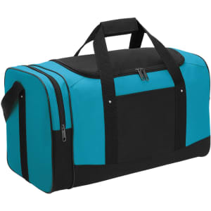 A turquoise and black duffle bag with a zippered main compartment and side pocket, featuring handles and a shoulder strap.