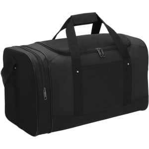 A black duffle bag with dual handles, a removable shoulder strap, and zippered compartments. It features branding.