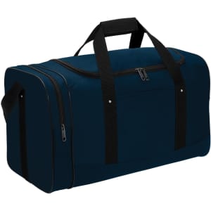 A duffle bag in dark blue with black straps and multiple zippered compartments, featuring a logo.