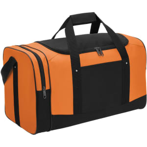 A duffle bag in orange and black with dual zip pockets and sturdy handles, featuring a logo.