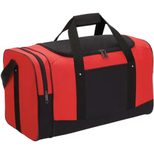 A red and black duffle bag with handles and a zippered compartment, featuring a logo on the front.