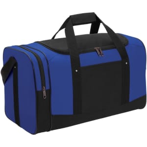 A blue and black duffle bag featuring dual handles and a zip closure, with an additional side pocket and a logo.