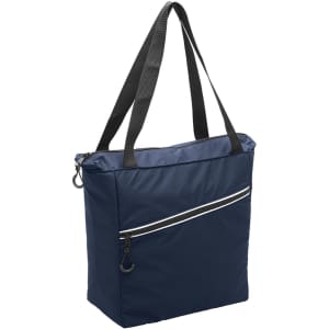 A navy cooler bag with black straps and a zippered front pocket, featuring a branding logo.