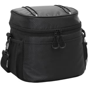 A black cooler bag with a zippered top, mesh side pockets, and an adjustable strap. It features a branding logo.