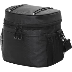 A black cooler bag featuring a zippered top, mesh side pockets, and adjustable strap, with a logo on the front.