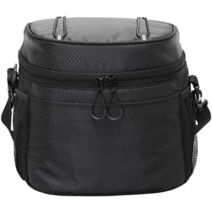 A black insulated cooler bag with zippers and mesh side pockets. It features a sleek design and has a logo.