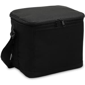 A black cooler bag with a zippered top and a shoulder strap, featuring a simple design and a small logo.