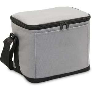 A grey cooler bag with a zip closure and a black strap for easy carrying, featuring a simple design.