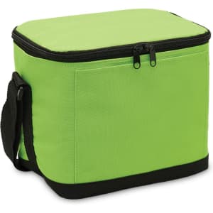 A green cooler bag with a zip closure and a black strap for carrying, featuring a logo.