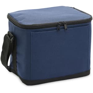 A navy blue cooler bag with a zip closure and a detachable strap, featuring a simple design and a front pocket.