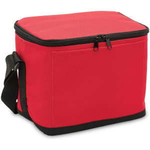 A red cooler bag featuring a zip closure and a black shoulder strap. It has a front pocket and a logo.