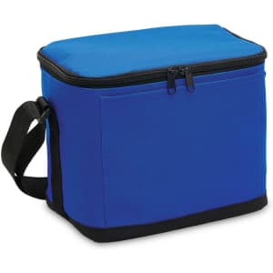 A blue cooler bag with a zippered closure and a black adjustable strap, featuring one logo.